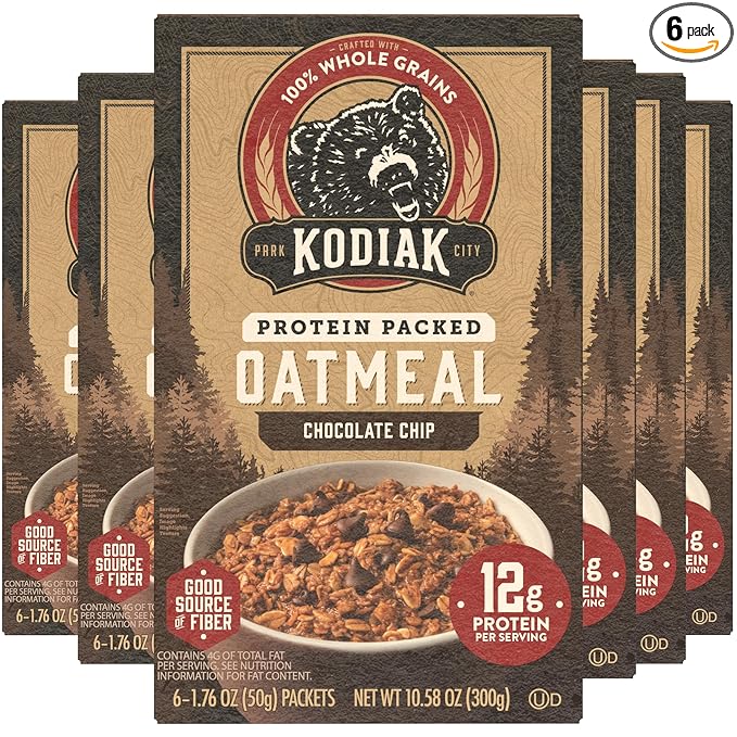 Kodiak Instant Oatmeal Packets Chocolate Chip High Protein 100% Whole Grains 6 boxes with 6 packets each (36 packets total)