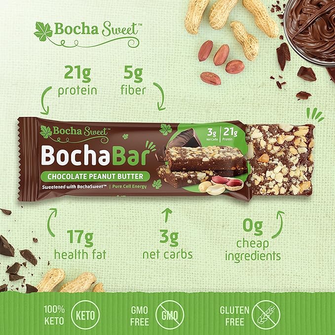 BochaSweet Keto Protein Bar Chocolate Peanut Butter BochaBar 21g Grass Fed Collagen Low Carb Keto-Friendly Gluten Free 12 Count