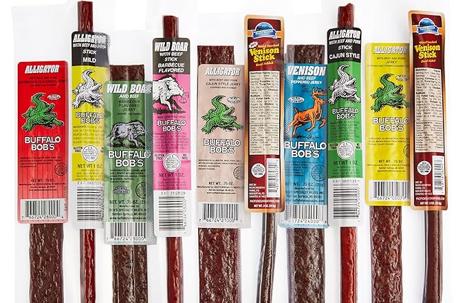 Jerky Dynasty Bayou Mix - Exotic Beef Jerky Snack Packs with Venison Wild Boar &amp Alligator - Unique Flavors from Around the World in Slim Stick Style Jerky Variety Pack - (10 Pack)