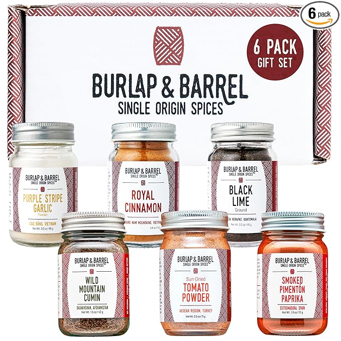 Burlap &amp Barrel 6-Pack Spice Gift Set – 6 Full-Size Jars of Favorite Spices for the Curious Cook – Includes Cinnamon Garlic &amp More Seasonings - As Seen On Shark Tank