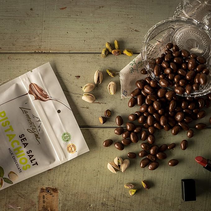 Lamontagne Milk Chocolate &amp Sea Salt Pistachios pack of 3 bags - Gluten-free Peanut-free and Palm Oil-Free Snack