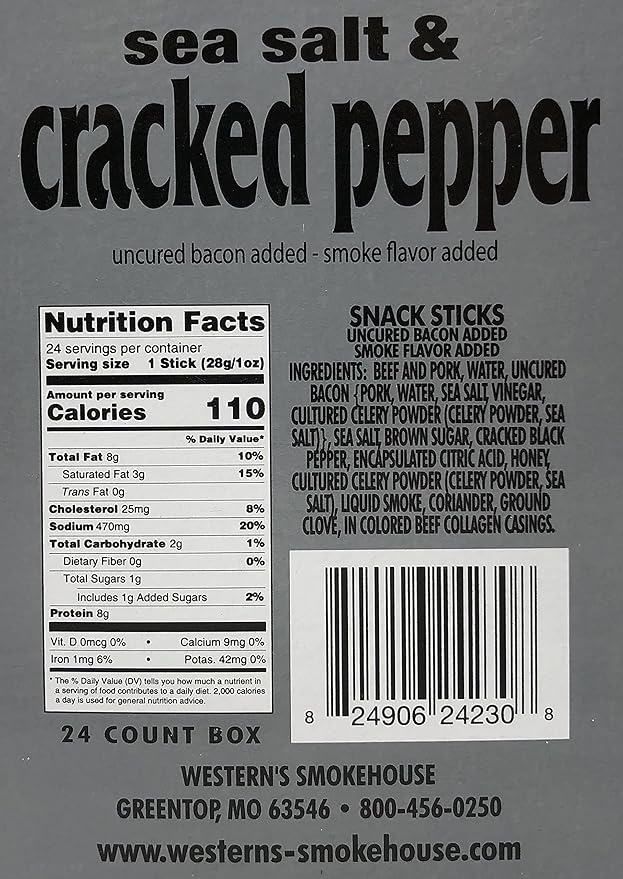 Western's Smokehouse Sea Salt &amp Cracked Pepper Jerky Meat Sticks - 1.0 Ounce Pack of 24 - Uncured Bacon Jerky Sticks 110 Calories 8g Protein Gluten-Free MSG-Free Soy-Free No Nitrates