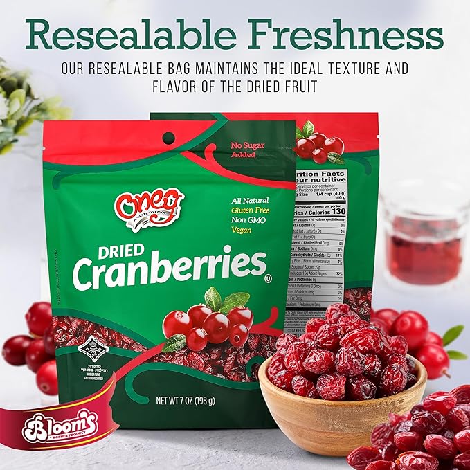 Oneg Dried Cranberries Dried Fruit Snack Gluten Free All Natural Healthy Snack for Kids and Adults Non-GMO Vegan No Sodium Cranberry Fruit Snack Sweet Snack in Resealable Bag 12 Pack 84 0z.
