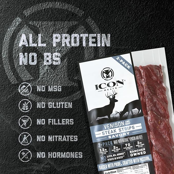 ICON Meats Venison and Beef Jerky Steak Strips Savory 8 High Protein Snacks Packs 2 Strips per Pack Low Sugar Gluten Free Natural USDA Inspected Made in the USA Gifts for Him