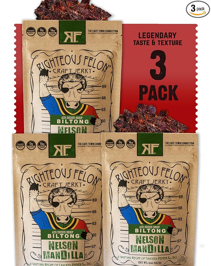 Righteous Felon Biltong Beef Jerky | South African Biltong Snack Packs for Adults | High Protein Keto-Friendly Low Sugar | Made with Premium Meats | Beef Jerky Gifts for Men | Nelson Mandilla 3 Pack