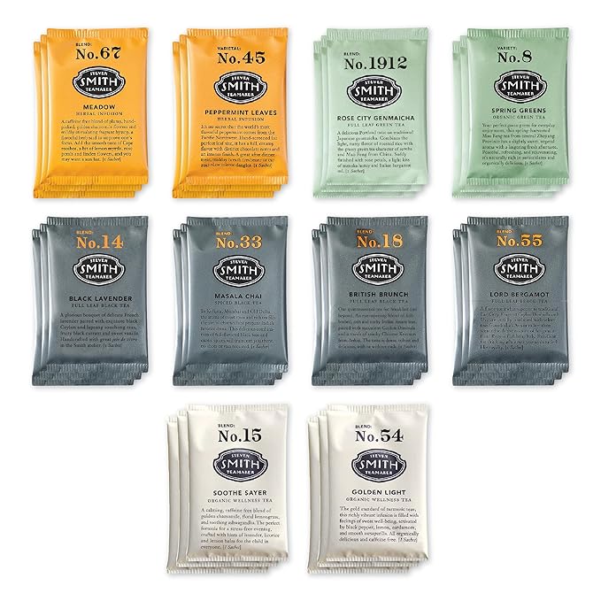 Steven Smith Teamaker Amazon Exclusive Variety Pack Sampler 10 Flavors of Black Green Herbal Tea Sugar-Free Sustainably Grown Full Leaf Plant Based Tea Bags 30 Sachets 0.78oz each