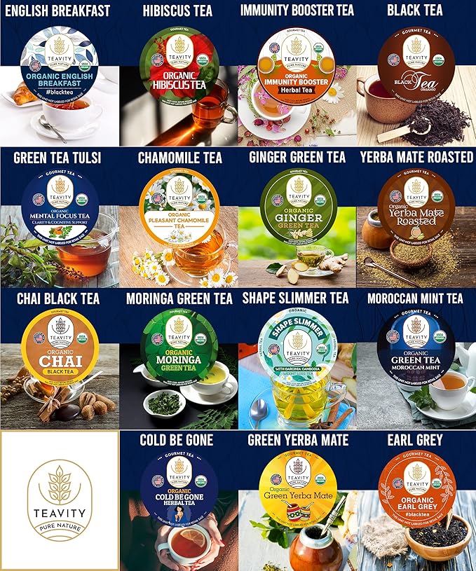 Organic Tea Pods Variety Pack - Assorted Sampler Pack Compatible for Keurig Brewer and Coffee Maker - Earl Grey English Breakfast Chai Chamomile - Herbal Tea Pod for K Cup Keurig Brewing -15 count
