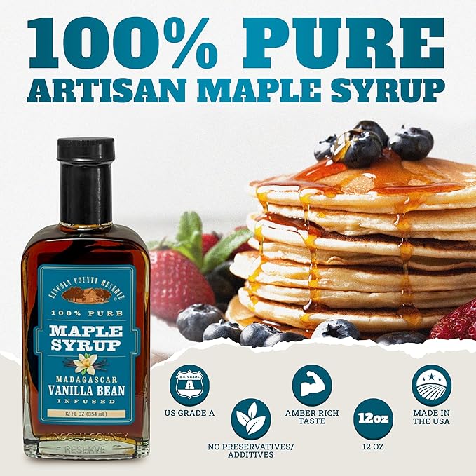 Lincoln County Reserve Vanilla Maple Syrup - Real Madagascar Vanilla Whole Bean Infused - 12 oz Glass Bottle - Perfect Pancake Syrup - Grade A - Gluten Free - Bottled in Wisconsin