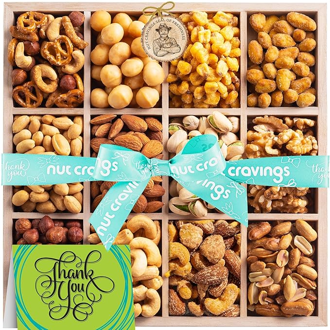 NUT CRAVINGS Gourmet Collection - Thank You Appreciation Nuts Gift Basket with TY Ribbon + Greeting Card in Reusable Wooden Tray (12 Assortments) Food Arrangement Healthy Snack Care Package