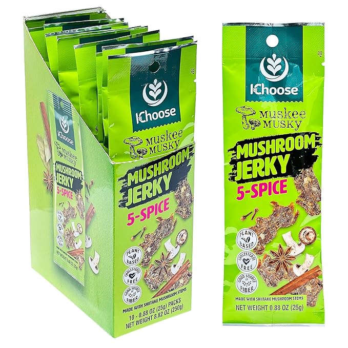 Ichoose Muskee Musky Mushroom Jerky Vegan High-Fiber Snack | Beef Jerky Alternative Perfect for Valentines &amp Snack Packs - 10 Pack Box 0.88 oz (25g) | (25g Box 10 Packs 5-Spice)