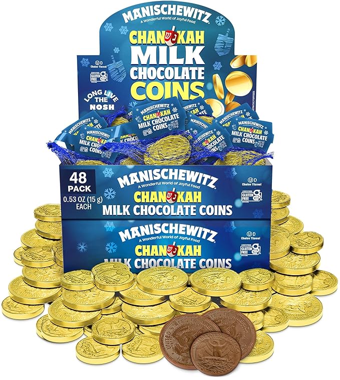 Hanukkah Gelt Manischewitz Milk Chocolate Gold Coins (48 Bags) | St. Patrick’s Day Chocolate Coins | Mesh Bags Filled with Individually Wrapped Hanukkah Gelt Gluten Free - Best By: 6/27/2026