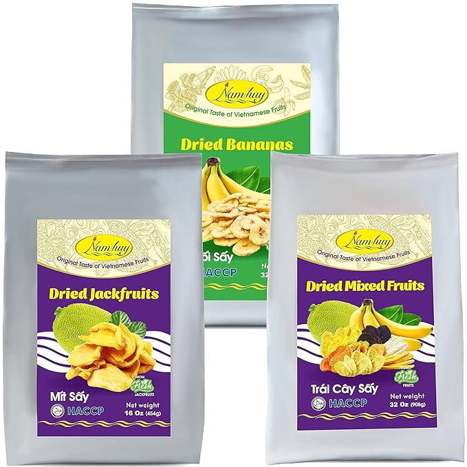 NAM HUY Vietnam's Dried Jackfruit Dried Banana and Dried Mixed Fruit Snacks Original Taste of Vietnamese Fruits No-Added Sugar or Preservatives Delicious Crispy Texture (Total 80 Oz)