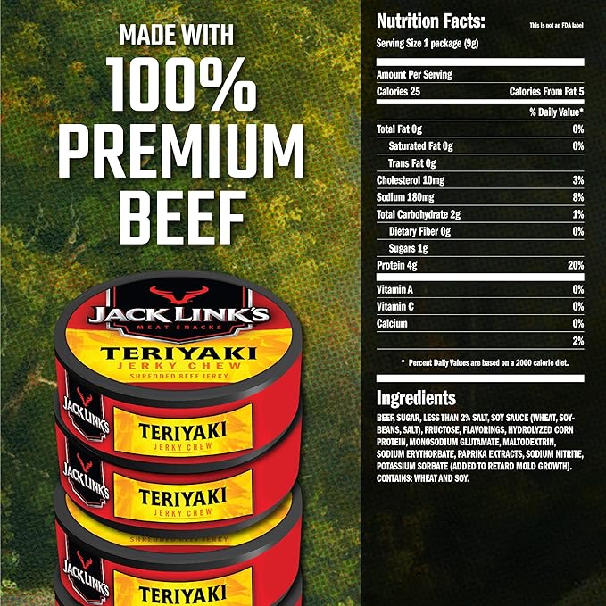 Jack Links Jerky Chew 0.32 oz. Pack of 24 – Shredded Beef Jerky Made with 100% Beef Teriyaki 7.68 Oz