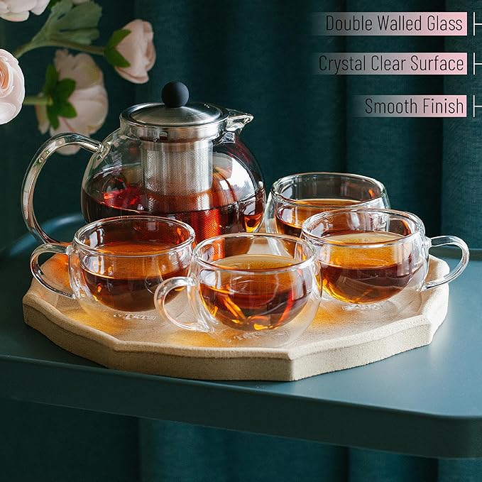 BTaT- Glass Tea Pot Set Set of 4 Double Wall Glass Tea Cup and Kettle with Infuser