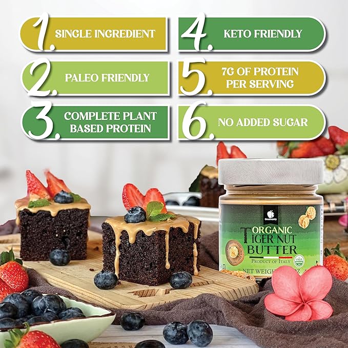 Gourmanity Organic Tigernut Butter Sweet and Nutty Tasting Nut Free Peanut Butter Alternative Compliant With Low Fodmap And Whole 30 Diets Ideal For Dipping And Drizzling 8.8oz / 250g Jar