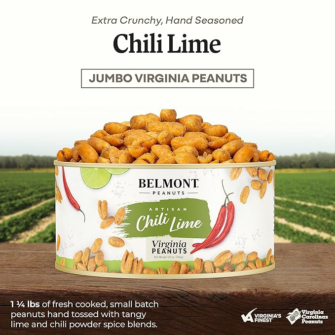 Belmont Peanuts Gourmet Chili Lime Virginia Peanuts 20 oz (1 Pack) – Simple Ingredients No Preservatives 7g Protein – A Premium Citrusy Spicy Salty Crunchy Hand Seasoned Snack