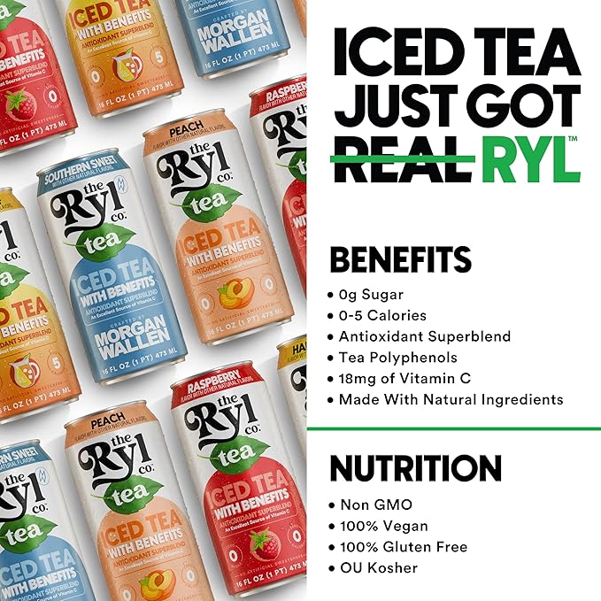 Ryl Iced Tea MVP Variety Pack – Antioxidant Superblend No Artificial Ingredients Zero Sugar Zero Calorie Low Carb Non-GMO Kosher Gluten Free Made in the USA 12-Pack 16 Fl Oz