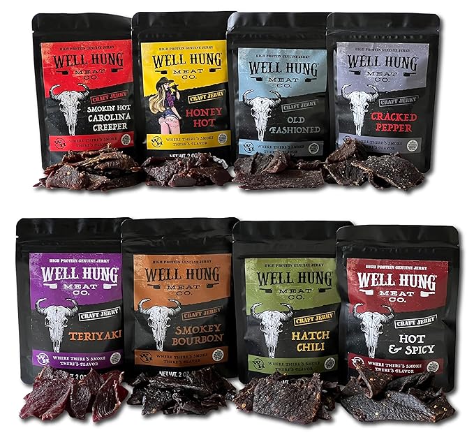 Well Hung Meats 8-Pack Sampler Craft Beef Jerky 8x2oz Resealable Bags