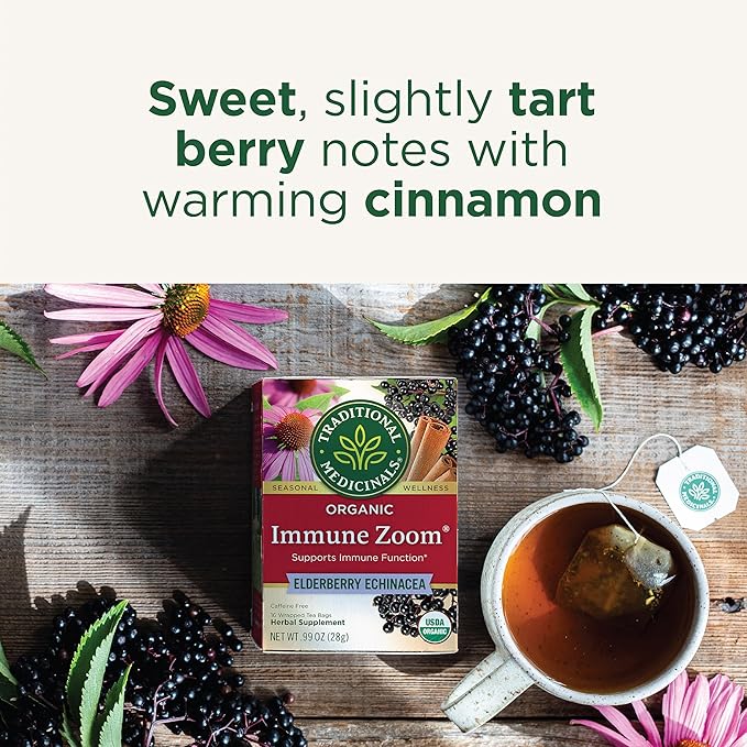 Traditional Medicinals Tea Organic Immune Zoom Elderberry Echinacea - Supports Immune Function - Kosher Non-GMO Caffeine-Free Compostable - 48 Tea Bags