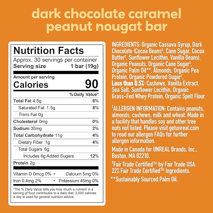 UNREAL Dark Chocolate Peanut Caramel Nougat Bars (30 Mini Bars) | 70% Organic Ingredients Fair Trade Non-GMO | No Corn Syrup Sugar Alcohols Soy | .67oz each