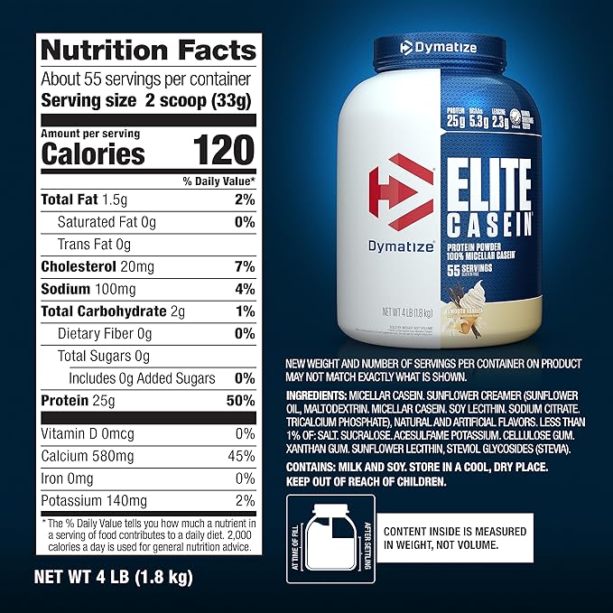 Dymatize Elite Casein Protein Powder Vanilla 100% Micellar Casein 25g Protein 5.4g BCAAs 2.3g Leucine Slow Absorbing for Overnight Muscle Recovery 4 lb (55 Servings)