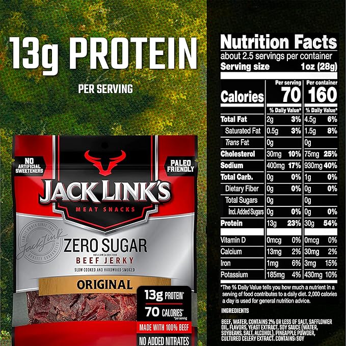 Jack Link's Beef Jerky Original Zero Sugar - Flavorful Meat Snacks Ready to Eat Protein Snacks with 13g of Protein per Serving Made with 100% Beef Keto Paleo Diet Friendly - 2.3 Oz. (Pack of 8)