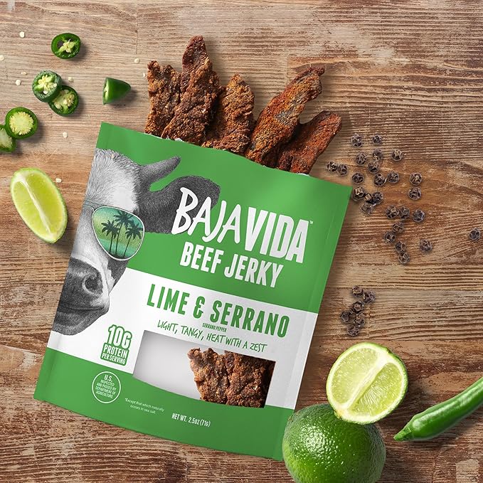 BAJA BEEF Vida Lime &amp Serrano Pepper Beef Jerky - Sweet and Spicy Beef Jerky Snack Packs Healthy Gluten-Free All-Natural No MSG Made in the USA - 2.5 Oz Bags (Pack of 4)