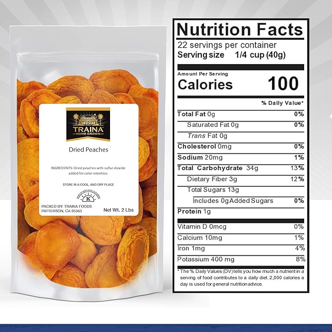 Traina Home Grown California Extra Fancy Sun Dried Peach Halves - Healthy No Sugar Added Non GMO Gluten Free Vegan Packed in Resealable Pouch (2 lbs)