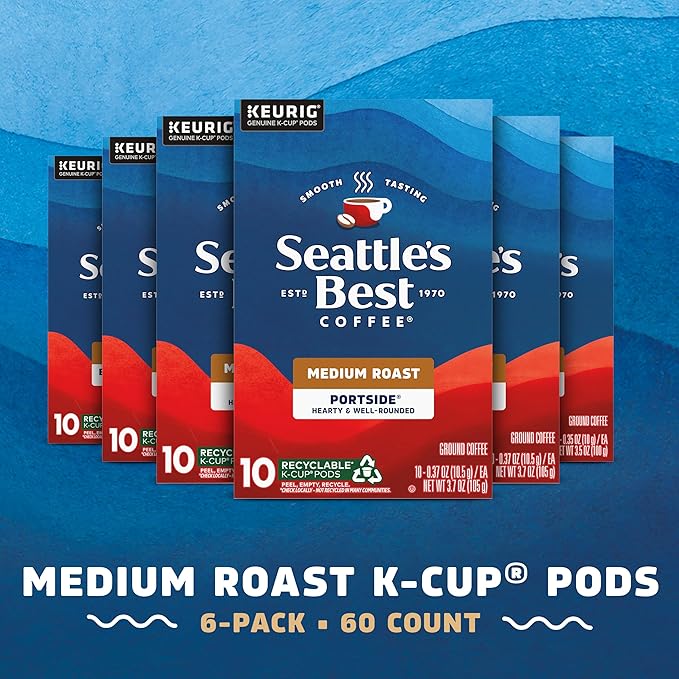 Seattle’s Best Coffee Medium Roast K-Cup Coffee Pods Portside 100% Arabica 6 Boxes (60 Pods Total)