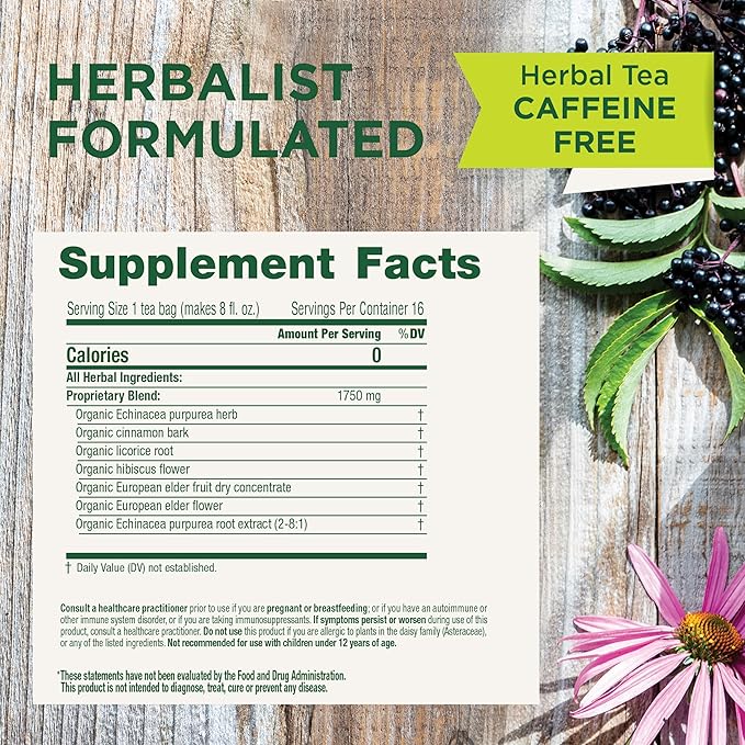 Traditional Medicinals Tea Organic Immune Zoom Elderberry Echinacea - Supports Immune Function - Kosher Non-GMO Caffeine-Free Compostable - 48 Tea Bags