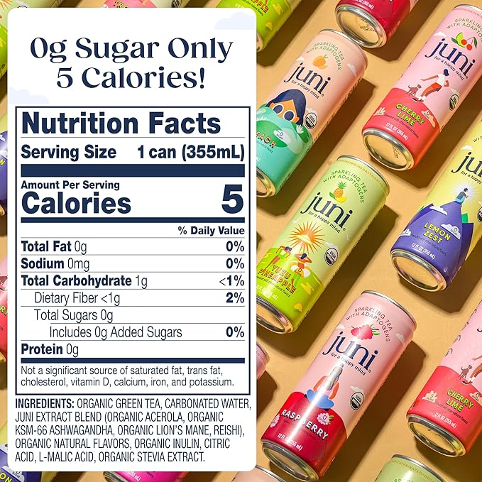 Juni Sparkling Adaptogen Drink with Ashwagandha Lion’s Mane &amp Reishi Mushrooms | Green Tea for Focus Zero Sugar 5 Calories Organic | Non Alcoholic Drinks - Raspberry 12 pack