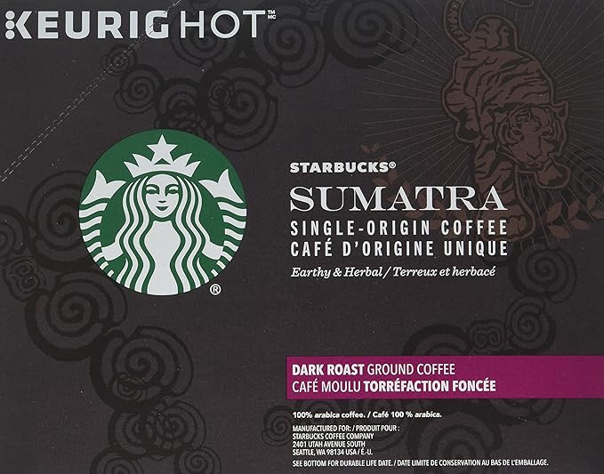 Starbucks Coffee K-Cup Pods Sumatra Single-Origin Coffee Dark Roast Ground Coffee Keurig Genuine K-Cup Pods 32 CT K-Cup Pods Per Box (Pack of 3)