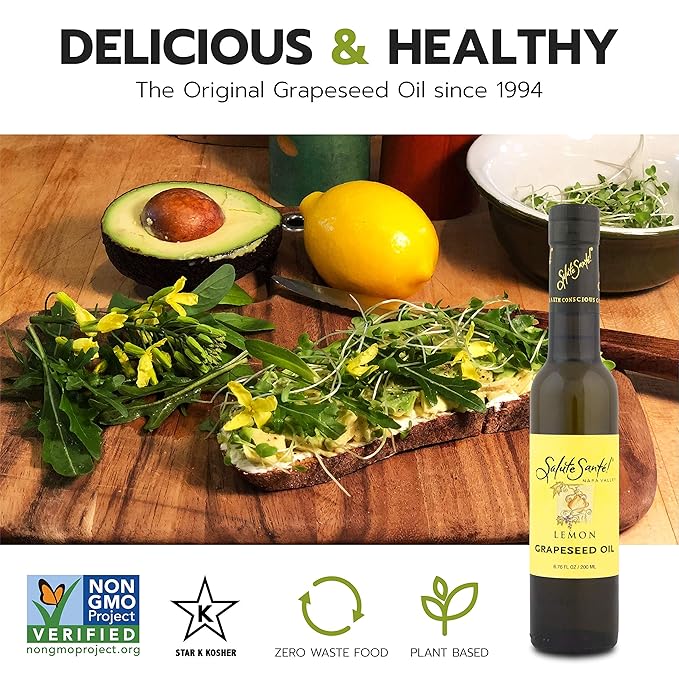 Salute Santé! Lemon Infused Grapeseed Oil — vegetable oil cooking oil grapeseed oil — Light Lemon Aroma Finishing &amp Marinades Sautéing and Roasting Gourmet kitchen essential for everyday cooki