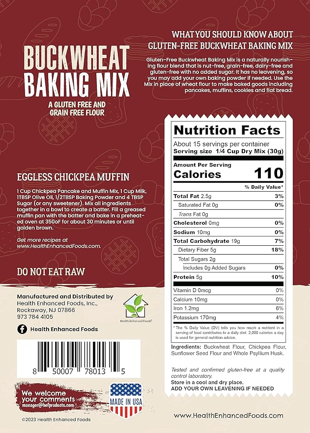 Health Enhanced Foods Gluten-Free Buckwheat Baking Mix [2 Pack - 16 oz / 1 LB] - Pancake Waffle Cookie &amp Muffin Mix - Nut-Free Grain-Free Soy-Free Dairy-Free No Added Sugar Low Glycemic