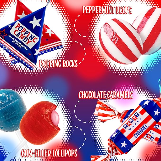 Patriotic Party Candy Mix | 3-Pound Bag About 180 Pieces | Popping Rocks Lollipops Peppermint Drops