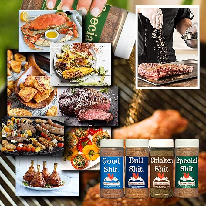 Big Cock Ranch Gourmet Seasoning Bundle All-Purpose Special Shit 13oz Bull Shit for Steak 12oz Good Shit Sweet N' Salty 11oz and Chicken Shit 12oz Gluten-Free and No MSG