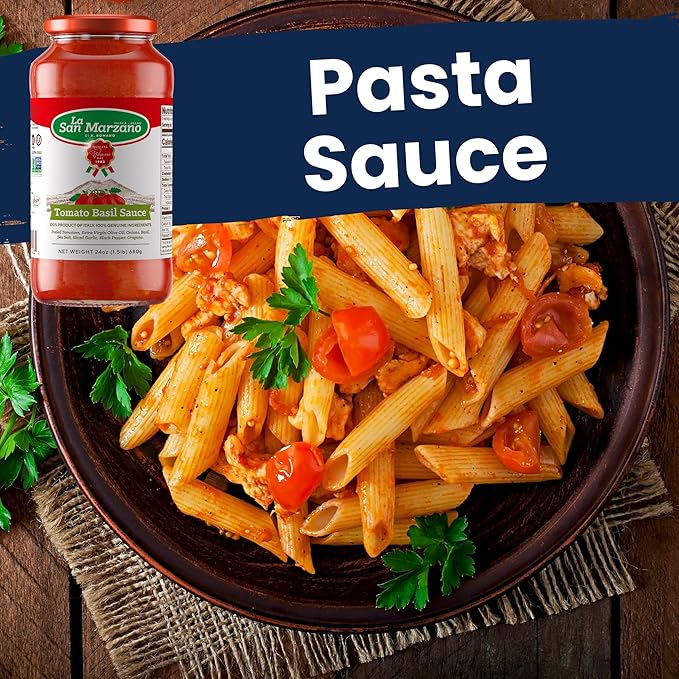 La San Marzano Tomato Basil Sauce 24 oz Pasta Sauce Made in Italy All Purpose Tomato Premium Quality All Natural Mediterranean Diet Non GMO Vegan Gluten Free