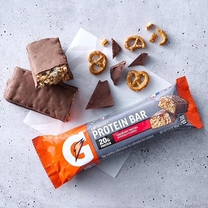 Gatorade Whey Protein Bars Chocolate Pretzel 2.8 oz bars (Pack of 12 20g of protein per bar)