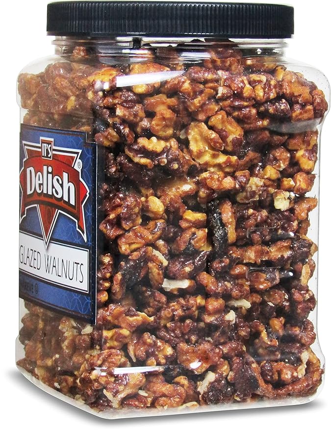 Gourmet Glazed Walnuts by Its Delish 30 Oz Jumbo Reusable Container (Jar) – Vegan Kosher Non-GMO No Artificial Flavors – Healthy Protein-Packed Lightly Sweetened Walnuts for Dessert Baking Salad