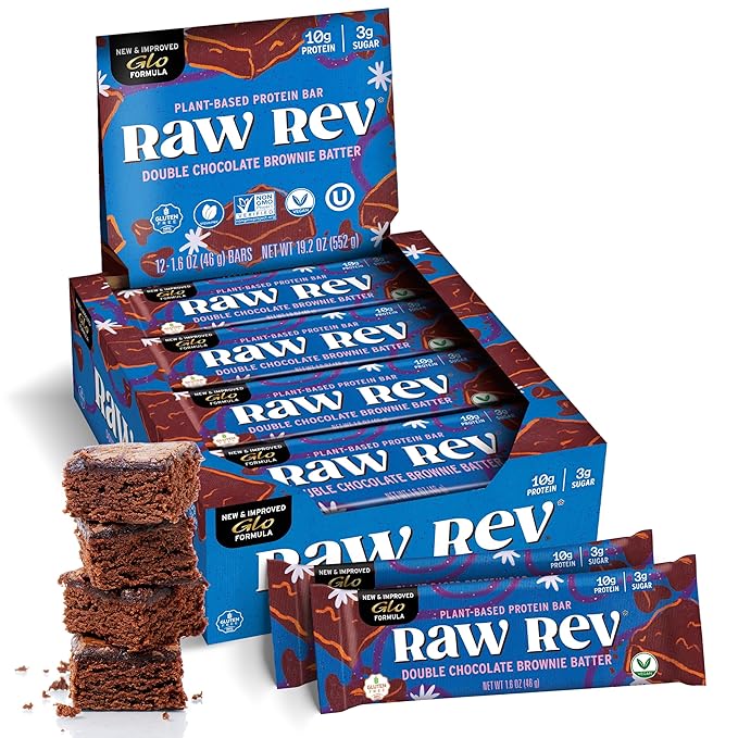Raw Rev Vegan Protein Bars- Double Chocolate Brownie Batter 12 bars Non-GMO Plastic-Neutral Nothing Artificial Glo Formula Gluten-Free Keto-Friendly Paleo Kosher No Sugar Alcohols No Stevia