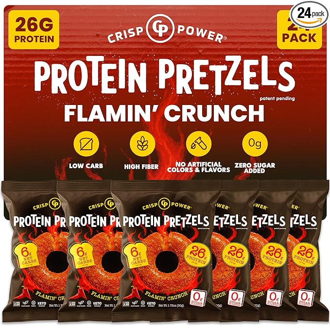 CRISP POWER Protein Pretzels NEW Flamin' Crunch 26G Protein High Protein Snack High Fiber Low Carb Crunchy Pretzel Snacks No Added Sugar 1.75 oz Bags 24 Pack Vegan Keto