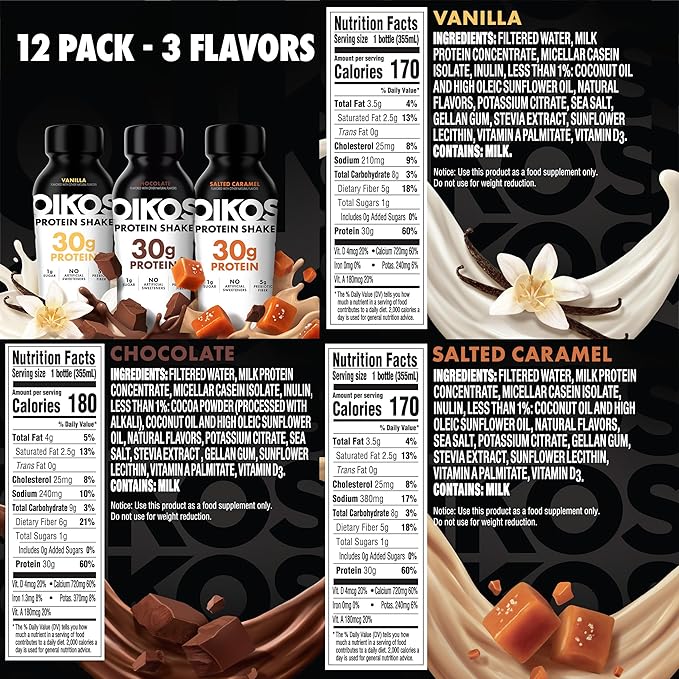 Oikos Protein Shake Exclusive Variety Pack 30g High Protein Drinks Shelf Stable Ready to Drink 5g Prebiotic Fiber 12 fl oz Bottle (4 ct Chocolate 4 ct Vanilla 4 ct Salted Caramel)
