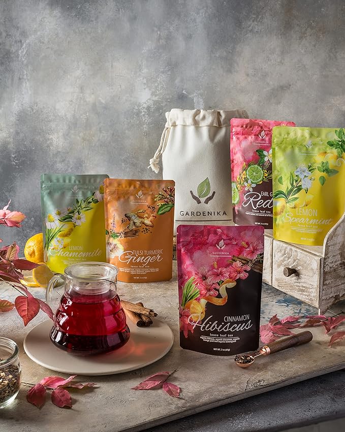 Gardenika Loose Leaf Tea Set Herbal Caffeine-Free Set - Rooibos Spearmint Chamomile Hibiscus Tulsi Turmeric Ginger Teas – 5 Pack Assortment (10 oz)