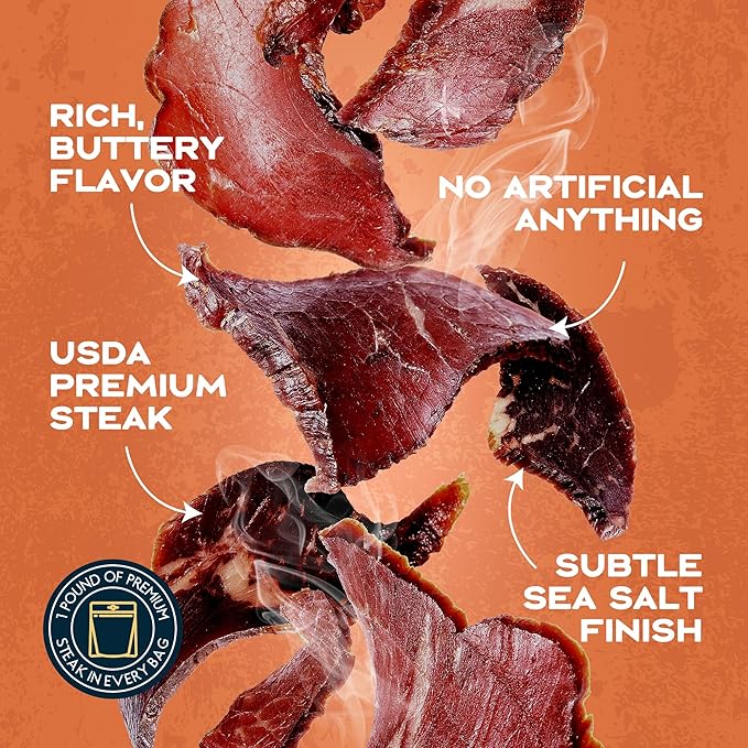 Wild Society - Caveman Eats - Grass Fed Ribeye Steak Slices - 95g Protein - Only Steak &amp Salt - 2 Ingredients - Air dried Beef Jerky Carnivore Snacks Crisps - Sugar Free Gluten Free Keto Paleo