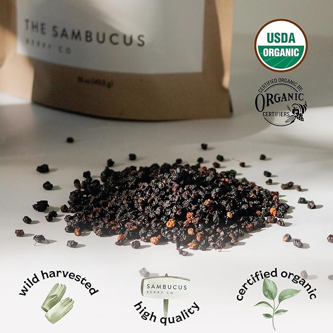 Certified USDA - 100% Organic Dried Elderberries - 1lb Bulk - Non-Irradiated Non-GMO Wild Harvest Whole Black Elderberry Immune Support - Raw Vegan Sambucus 1 Pound