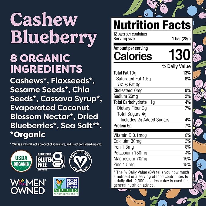Tosi Nut Bars Cashew Blueberry Healthy Snacks for Adults &amp Kids Plant Based Crunchy Bars (6G Protein) Organic Keto Snacks Vegan Gluten &amp Soy Free Low Sugar Omega 3s 1oz 12-Pack