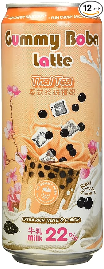 O's Bubble Gummy Boba Latte Canned Bubble Tea Drink With Chewy Boba Pearls (Konjac) 22% whole milk blend 470ml(15.9 fl oz/can) THAI TEA (Pack of 12)