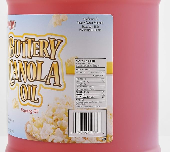 Snappy Buttery Canola Oil Lower Fat Butter Flavored Popcorn Oil for Popcorn Machine and Stovetops Naturally Colored with Beta Carotene 1 Gallon Size Premium Cooking Ingredient