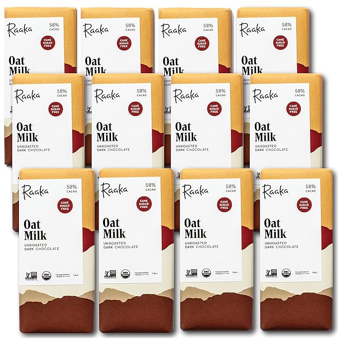 Raaka Chocolate Oat Milk 58% Cacao Cane Sugar Free Dark Chocolate | Gourmet Dark Chocolate Gift | Organic Vegan Fair Trade Soy Free Non GMO Gluten Free Kosher | 1.8oz Bars 12-Pack