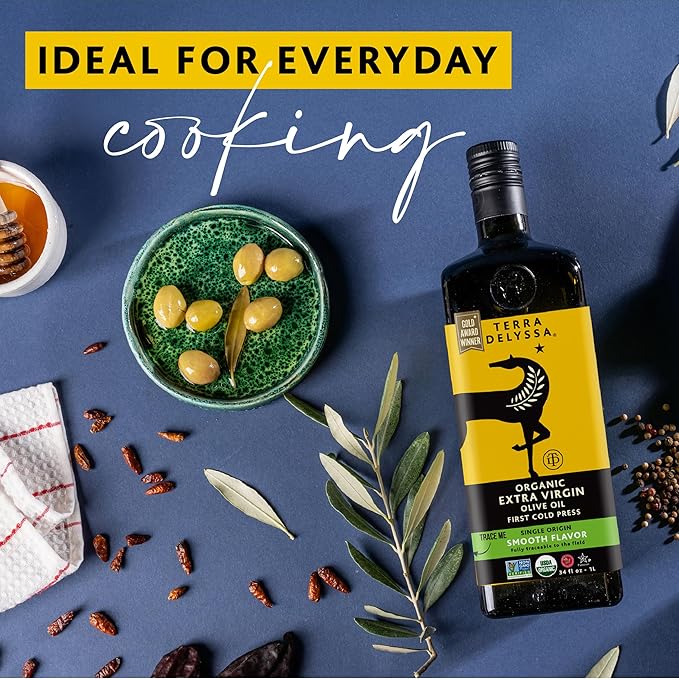Terra Delyssa First Cold Pressed Organic Extra Virgin Olive Oil Single Sourced 1 L (34 fl. oz) Dark Glass Bottle - 1 Pack Non-GMO Naturally Rich in Antioxidants and Polyphenols